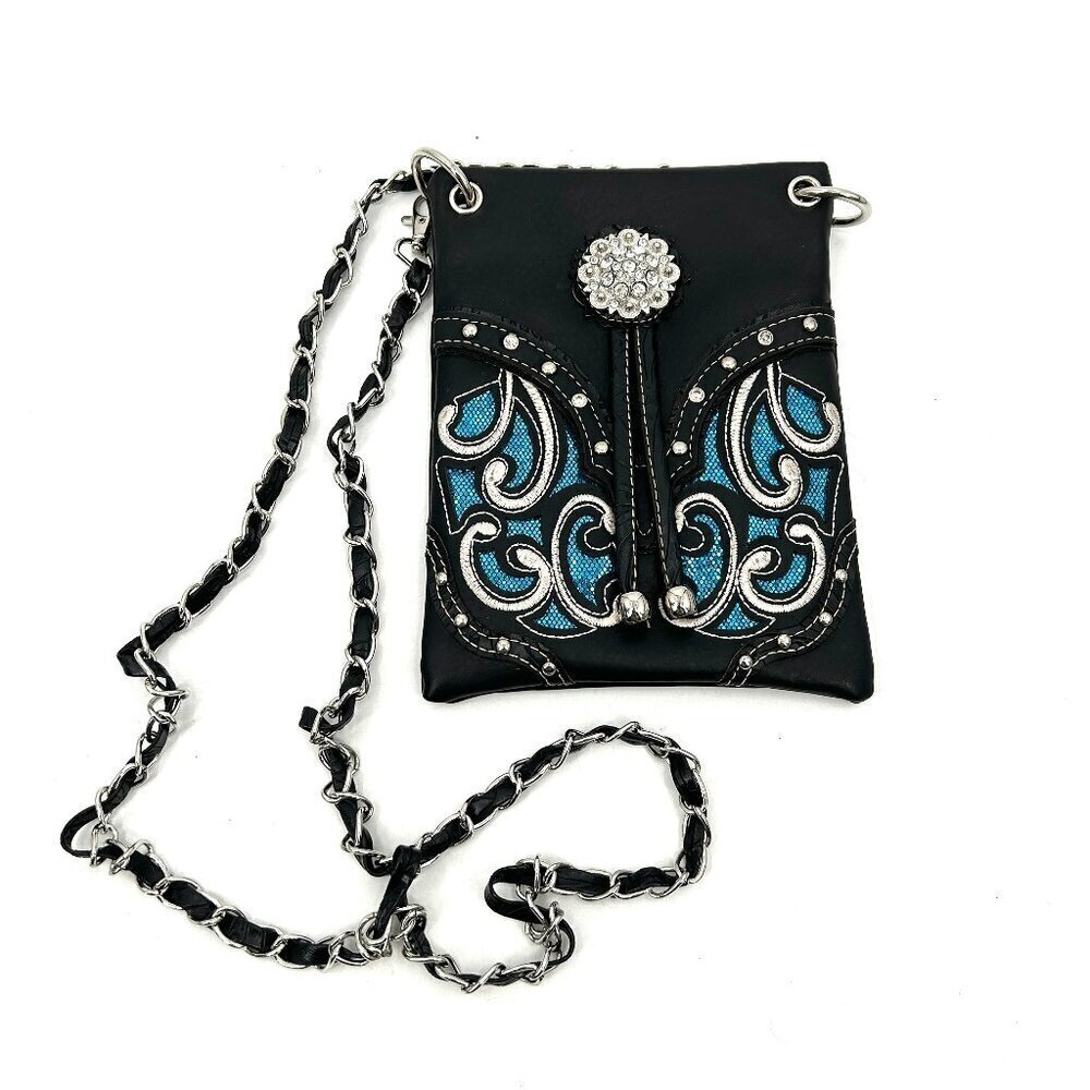 NWOT Girl's Black Blue Faux Leather Western Bolo Tie Bling Chain Crossbody Purse
